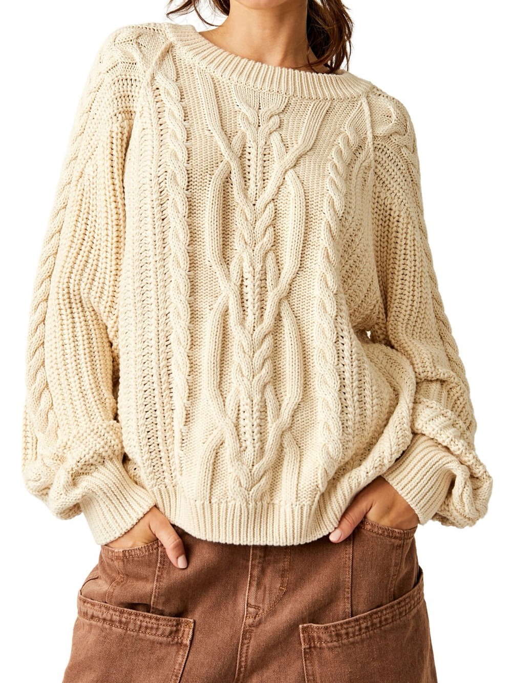 Free People Frankie Cable Cotton Sweater Ivory Medium